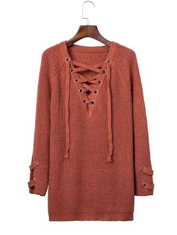 Wholesale Orange V-Neck Long Sleeve Sweaters