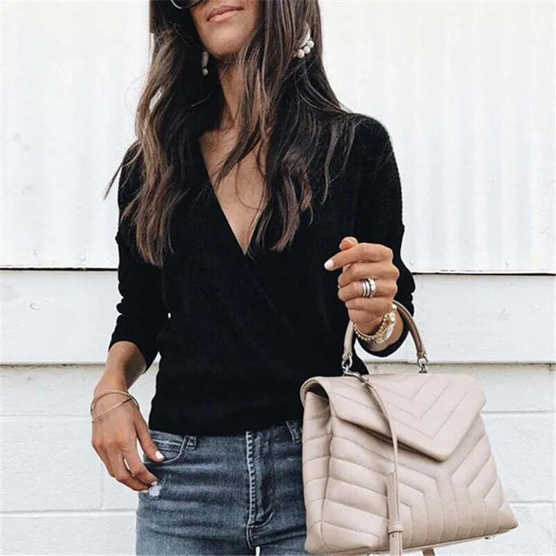 Women's Autumn/Winter Casual Long-Sleeved V-Neck Knitted Sweater